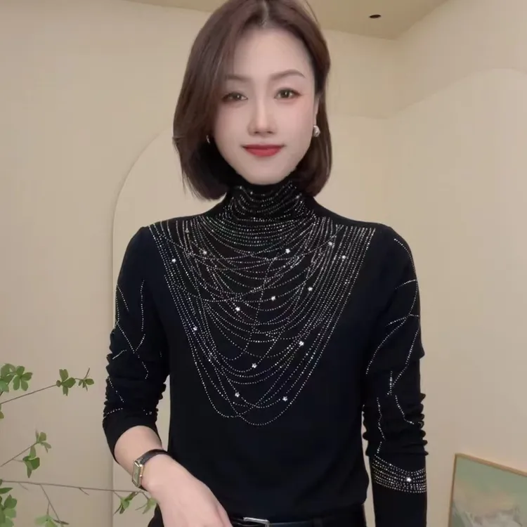 烫钻高领毛衣女秋冬2024新款韩版气质修身显瘦减龄内搭打底衫上衣