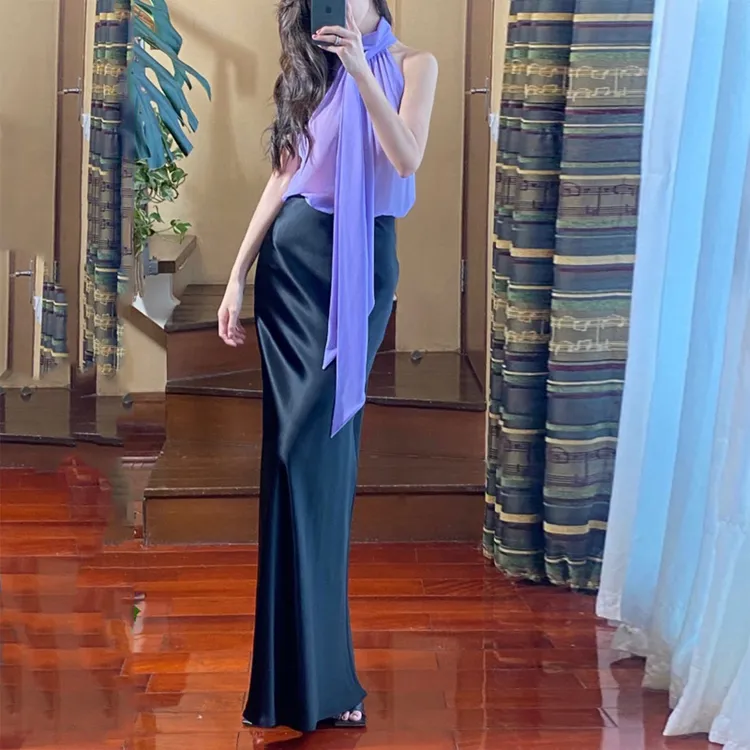 超长拖地半身裙重磅三醋酸缎半身裙斜裁垂感半身裙女显瘦气质长款