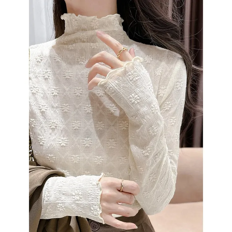 木耳边花朵刺绣水溶蕾丝打底衫2025初秋冬半高领蕾丝内搭外穿显瘦