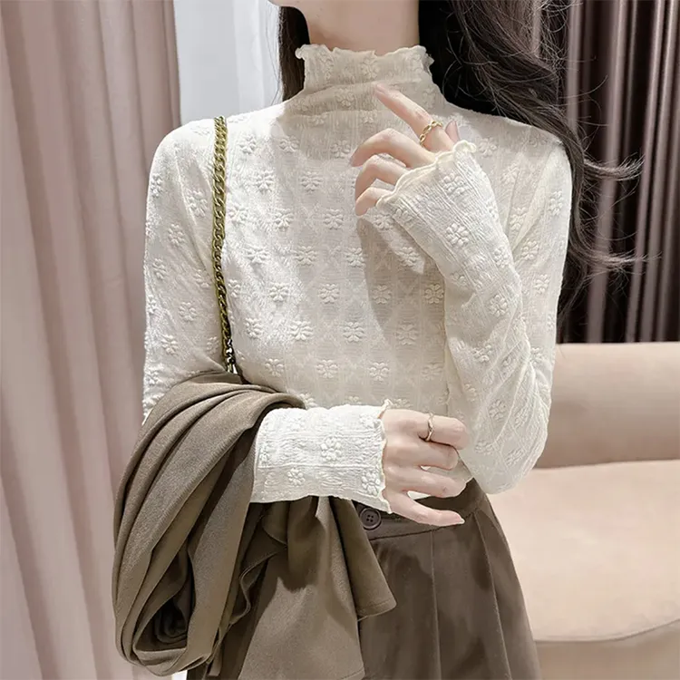 木耳边花朵刺绣水溶蕾丝打底衫2025初秋冬半高领蕾丝内搭外穿显瘦