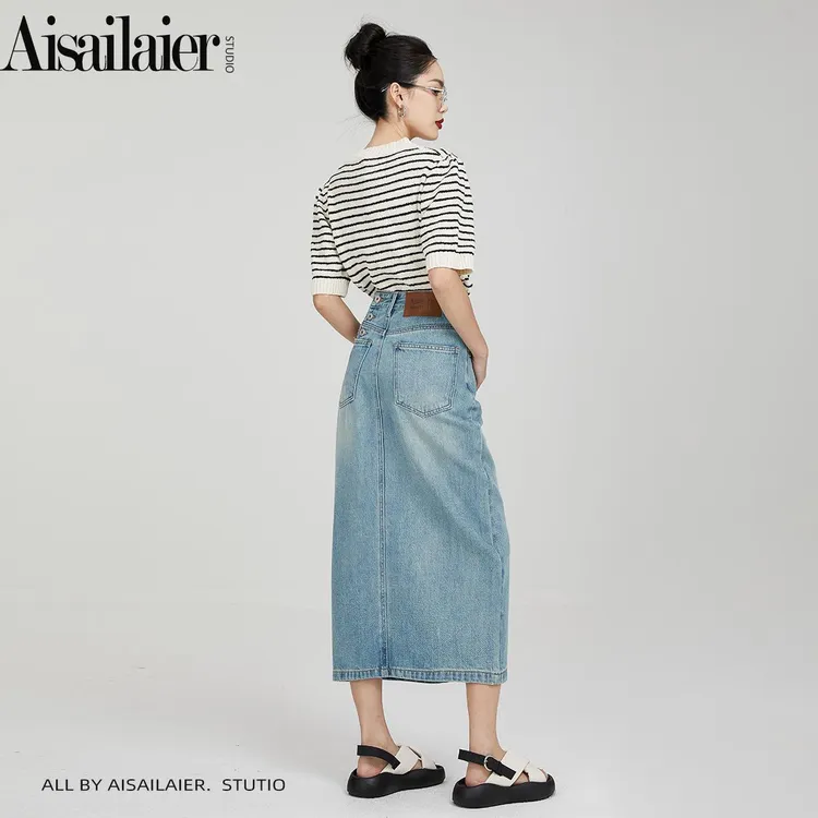 【艾赛莱尔】·山苍·秋日高级半身裙高腰牛仔裙女显瘦a字开叉裙子