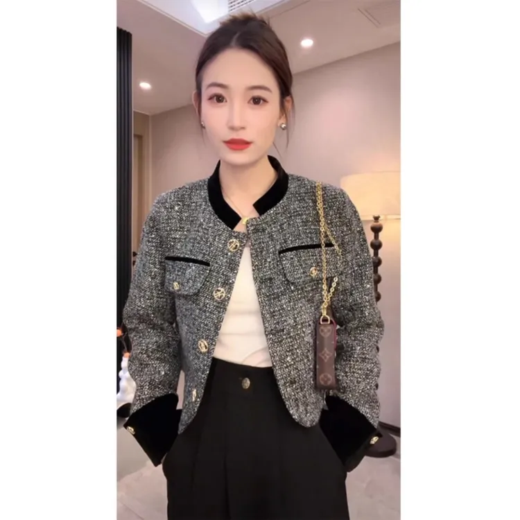 撞色立领法式拼接短外套女装气质名媛新款秋冬粗花呢香风上衣外套