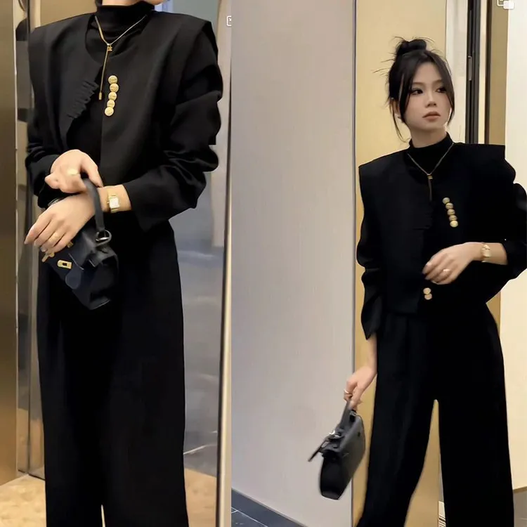 春季新中式国风复古西装套装女气质显瘦洋气时尚直筒阔腿裤两件套