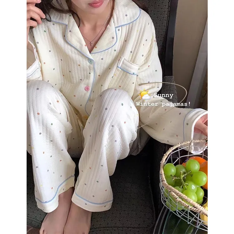 秋冬波点学生夹棉睡衣套装女生小个子泡泡棉保暖可外穿家居服套装