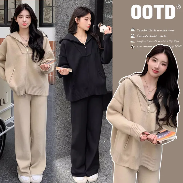 孕妇装秋冬网红新款软糯亲肤拉链时尚毛衣休闲款时尚百搭两件套女