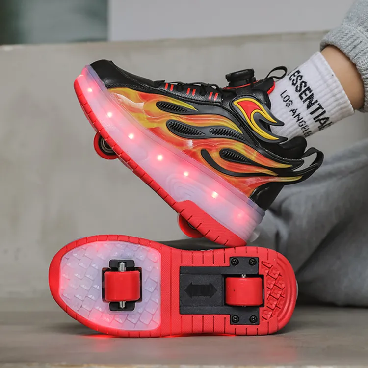 儿童轮滑暴走鞋双轮可收缩男童鞋子大童学生发光溜冰运动鞋6-12岁