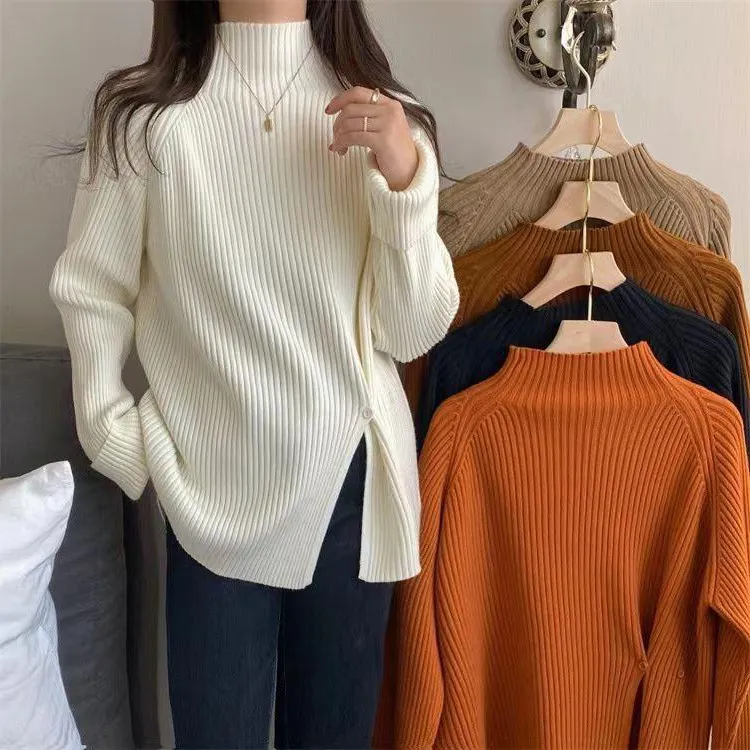 半高领毛衣女秋冬款设计感开叉三粒扣宽松显瘦韩版针织慵懒风毛衣