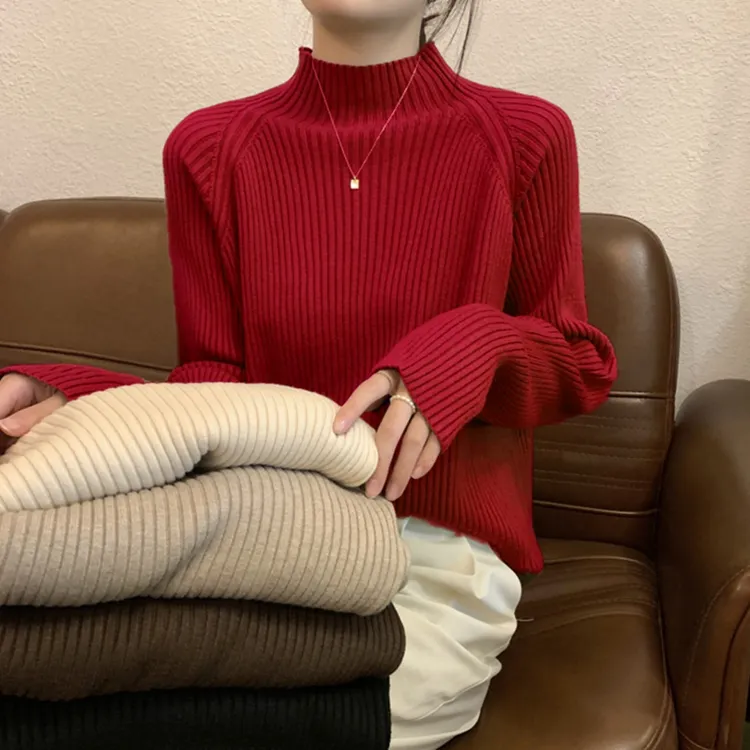 半高领打底衫女内搭秋冬新款红色毛衣宽松慵懒大码显瘦加厚针织衫