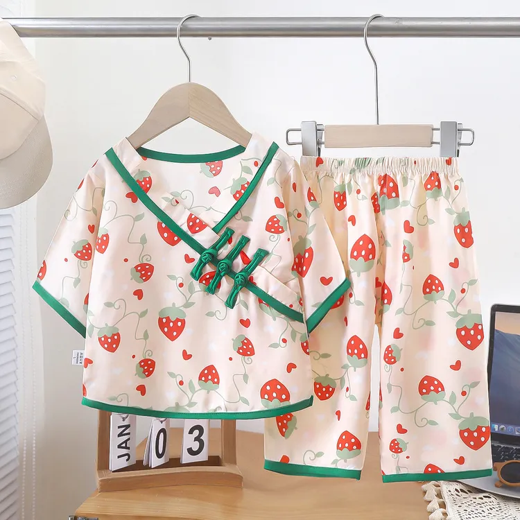 夏季新款民族风大花喜庆中国风棉绸套装薄款网红儿童宝宝七分袖