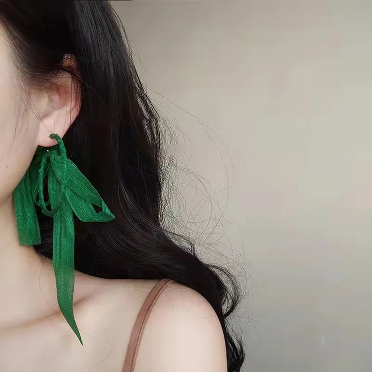 合金耳饰 这个绿色有点美~复古气质韩国飘带耳坠海边流苏耳环女