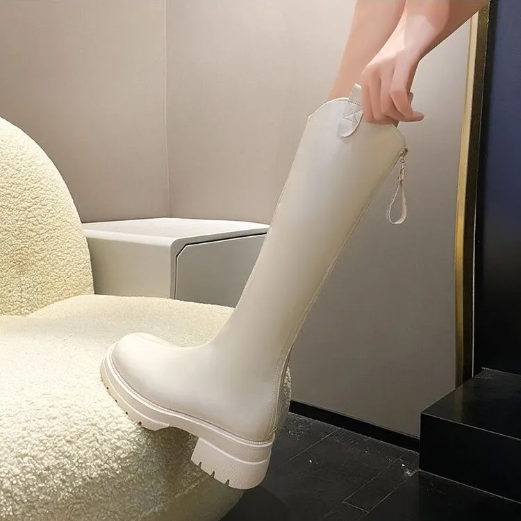 过膝长筒靴小个子秋季新款瘦瘦靴厚底女靴百搭时装简约粗跟弹力靴