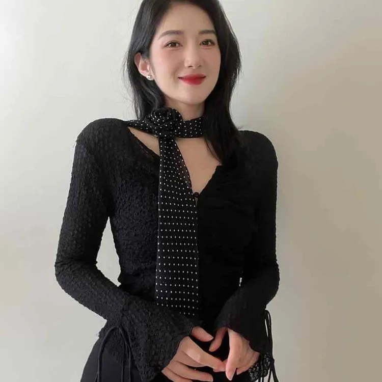 长条波点丝巾女春秋夏季新款百搭立体玫瑰花围脖飘带细窄高级感潮