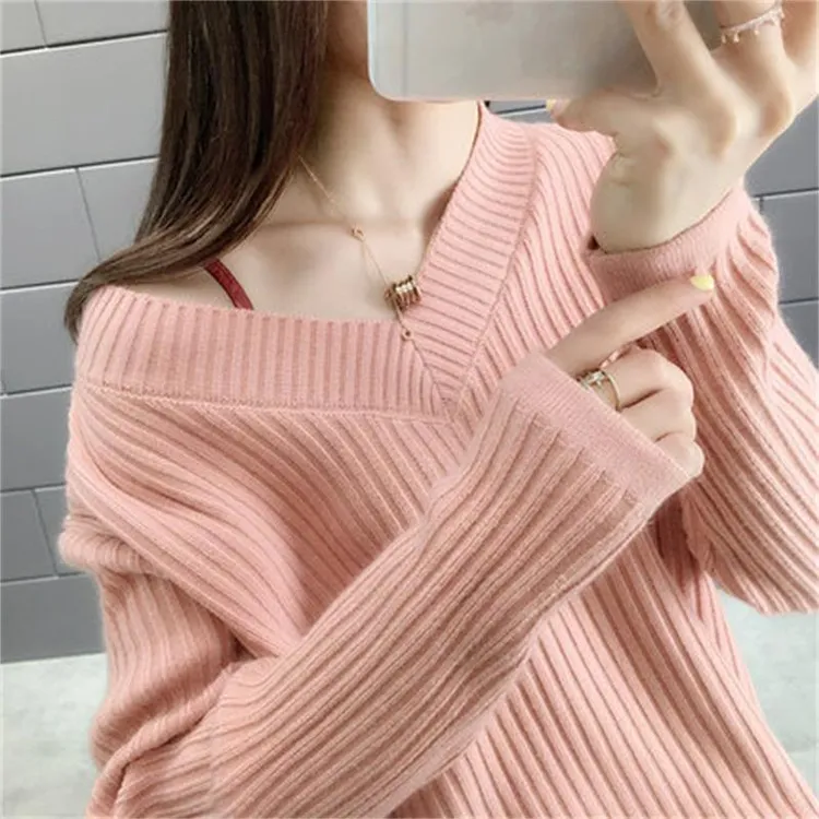 2024新款V领显瘦针织衫宽松毛衣外套女慵懒风套头韩版纯色春秋冬