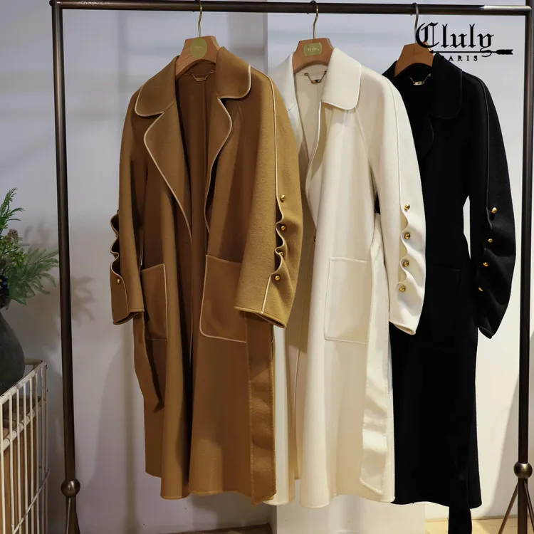 【CLULY自产】优雅波浪袖精致滚边，超细羊毛大衣308262