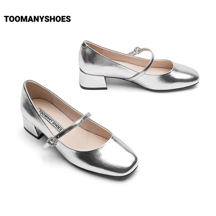 【达人】Toomanyshoes女鞋闪闪发光钻饰芭蕾舞鞋银色玛丽珍单鞋粗跟