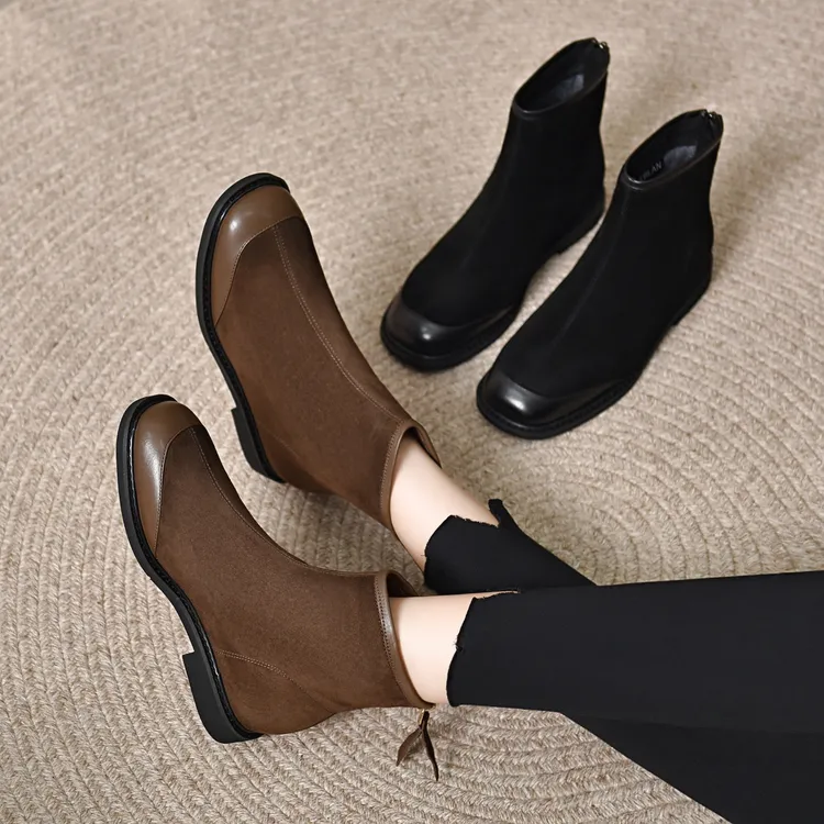 3厘米拼色2025秋冬季短靴显瘦显高 脚套舒适百搭圆头粗跟加绒时尚