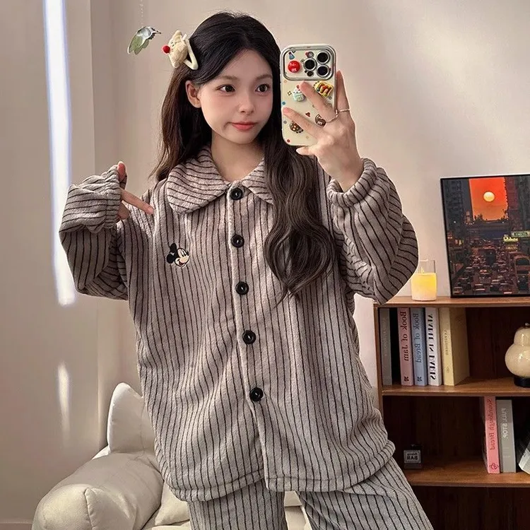 睡衣女秋冬季2024新款法兰绒情侣睡衣美拉德米奇加厚家居服套装