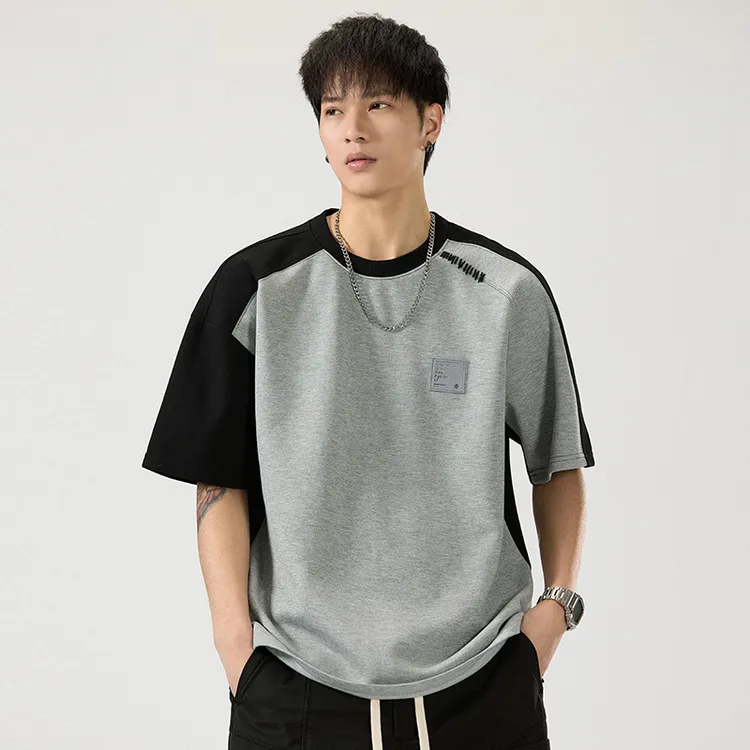 【TEXUEB】插肩袖拼接重磅260g贴标短袖男美式休闲复古潮流T恤