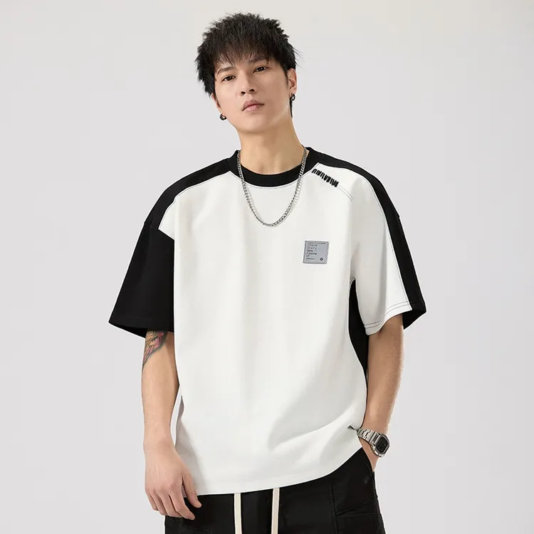 【TEXUEB】重磅269g贴标插肩袖拼接美式宽松短袖百搭休闲T恤男夏ins