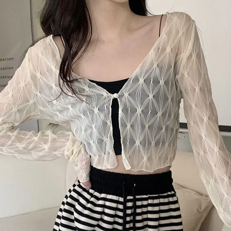 美式甜辣网纱衬衫女夏季新款外搭开衫薄款纯欲风修身短款长袖上衣