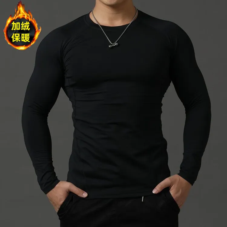 秋冬季健身衣男弹力加绒保暖紧身衣长袖跑步训练服圆领百搭打底衫