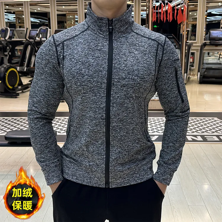 加绒保暖无帽运动外套男秋冬季弹力修身训练立领夹克跑步健身长袖