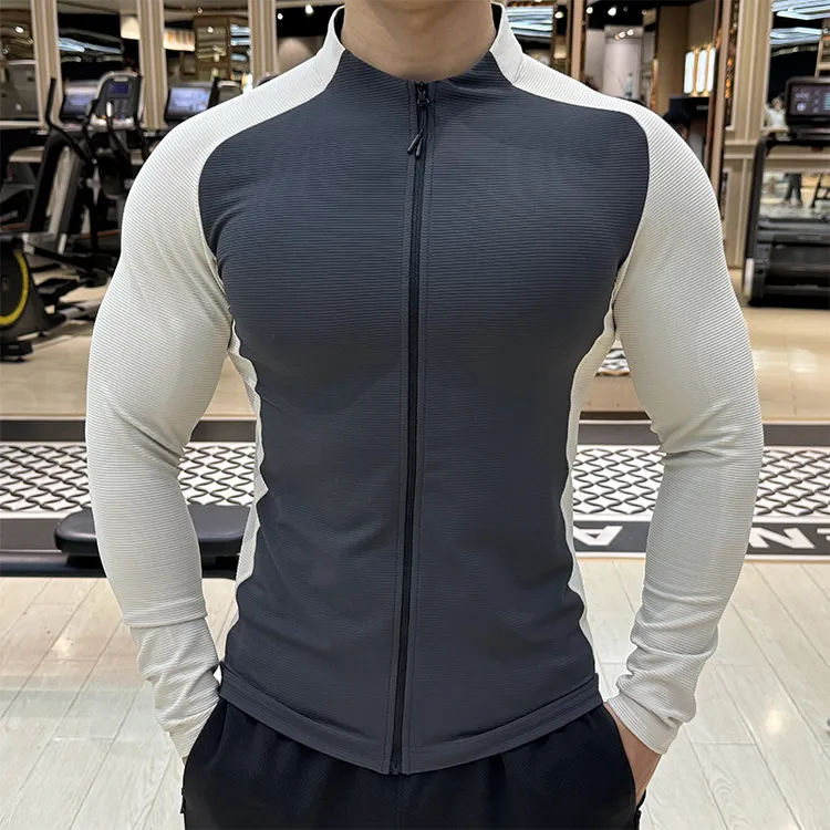 无帽运动外套男士秋冬季弹力修身撞色夹克跑步健身训练长袖晨跑服