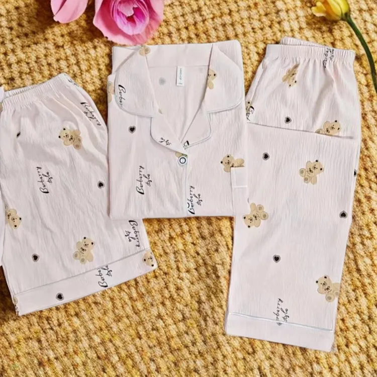 春秋新款睡衣三件套女夏卡通开衫款短袖短裤可外穿长裤家居服套装
