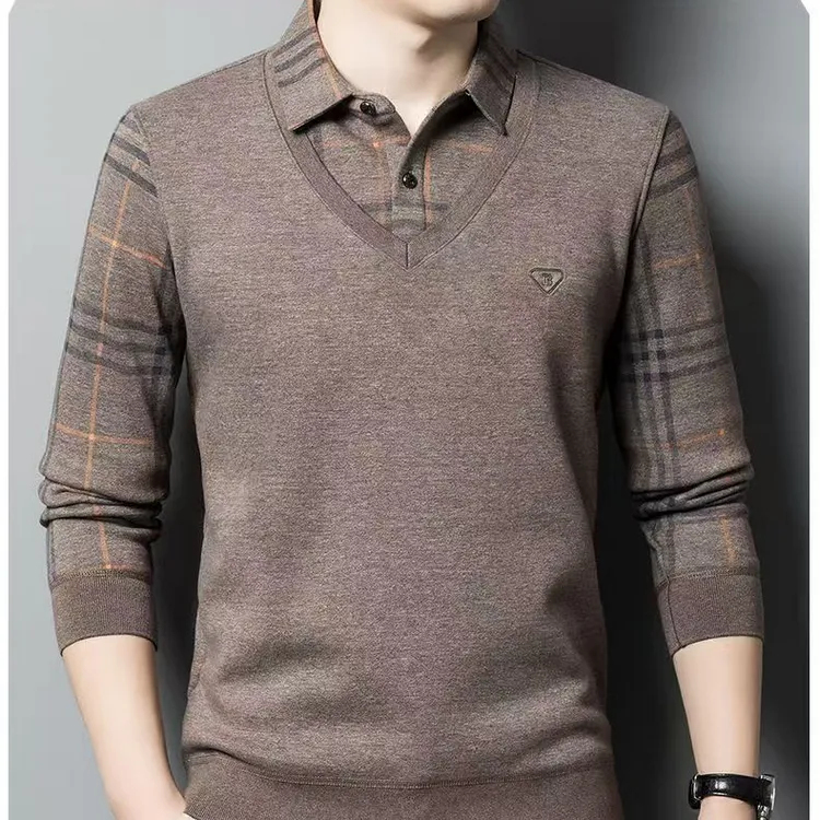 男装冬季男士加绒加厚假两件打底针织衫男装毛衣商务休闲上衣