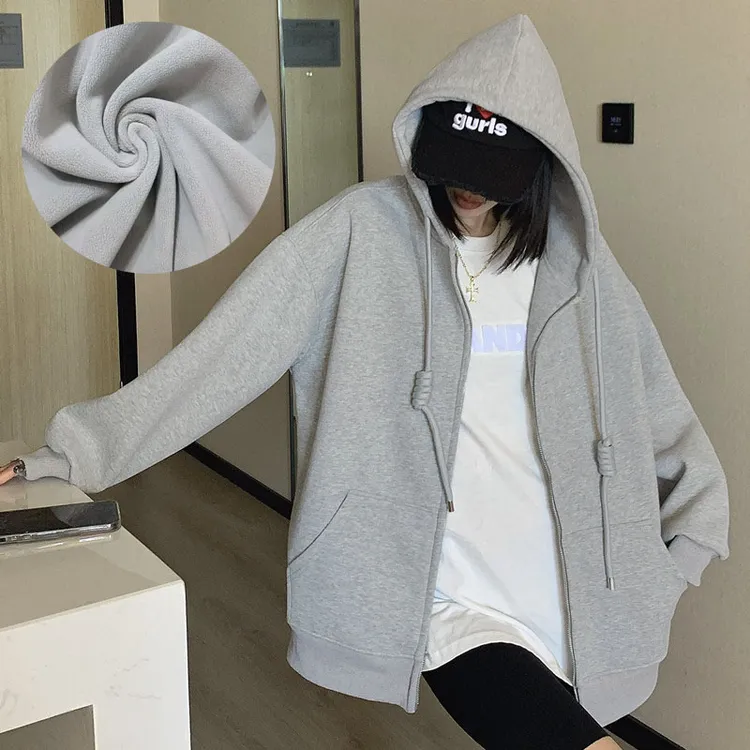 【加绒加厚】冬季宽松高品质沐棉休闲外套百搭连帽卫衣拉链开衫女