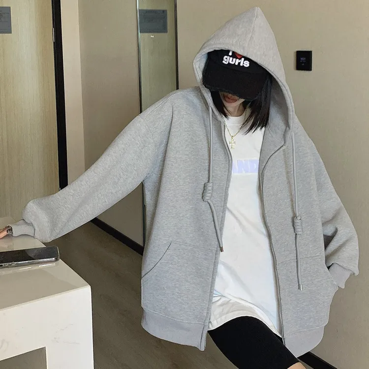 春秋重磅高品质宽松沐棉休闲百搭外套连帽慵懒风卫衣拉链开衫女