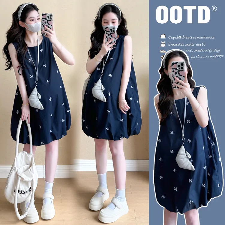 新品2024孕妇装高级刺绣蝴蝶结水洗棉无袖夏季时尚花苞裙连衣裙