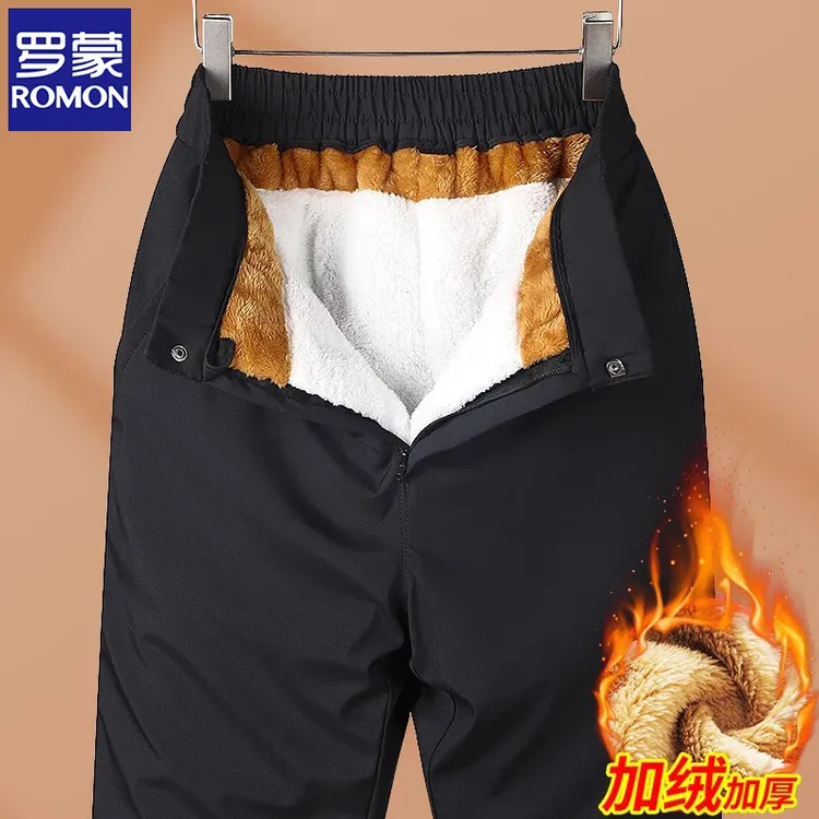 罗蒙中老年人直筒裤秋冬季加绒加厚款男裤子父亲男士羊羔绒休闲裤