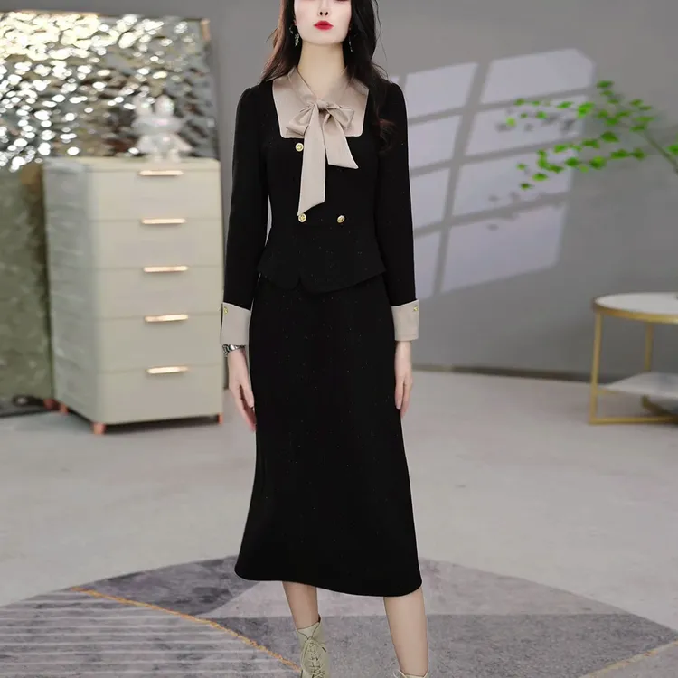 时尚通勤假两件秋冬新款广州十三行女装2024年连衣裙收腰修身显瘦