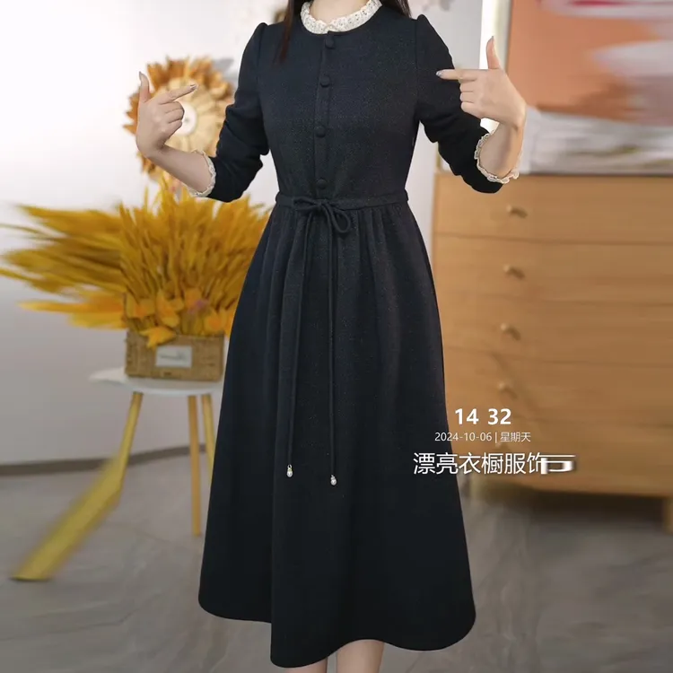 抽绳连衣裙复古气质女装广州十三行2024秋冬新款法式长袖精致穿搭