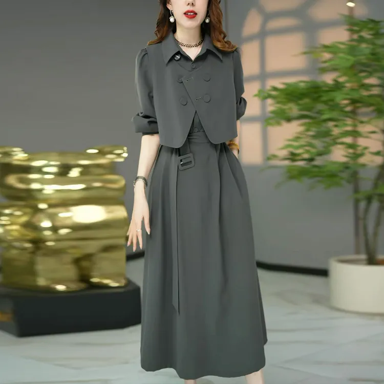 高端韩版时尚2024秋季新款女广州十三行马甲连衣裙长袖腰带两件套