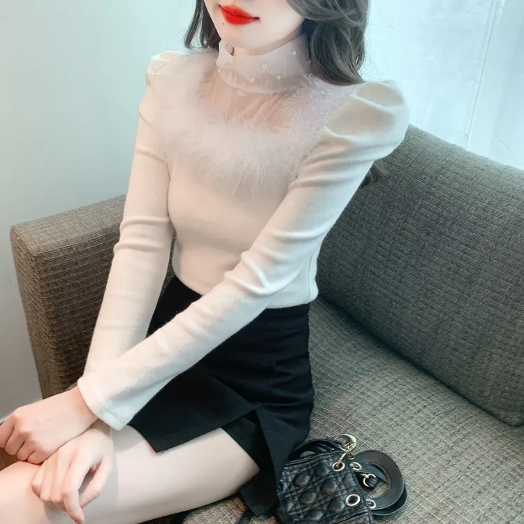 法式网纱拼接针织衫女秋冬内搭超仙镂空设计感甜美气质珍珠打底衫
