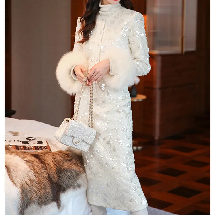 高级感贵气千金重工叠绣人鱼珠片名媛白色小香风外套包臀半身长裙