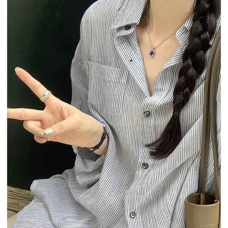 韩系港味气质薄款纯棉防晒条纹衬衫女春秋法式高级感衬衣chic上衣