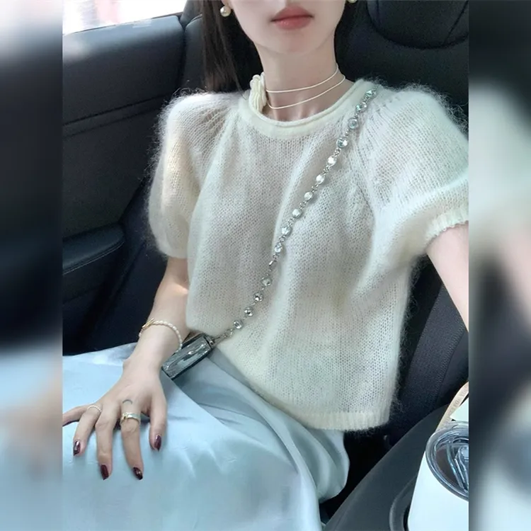 白色泡泡袖马海毛短袖毛衣女春秋慵懒风软糯针织衫奶fufu短款上衣