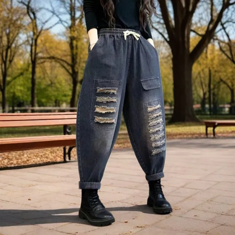 新款时尚洋气百搭女装牛仔裤正版哈伦宽松老爹裤破洞休闲秋冬裤子