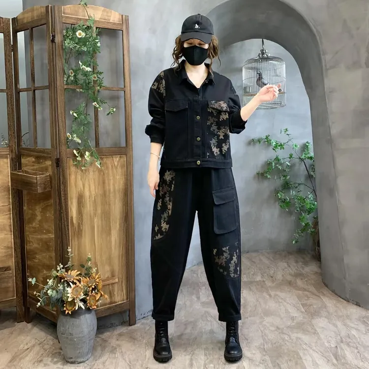 秋季新款牛仔女套装宽松休闲拼接印花时尚潮流显瘦遮肉韩版两件套