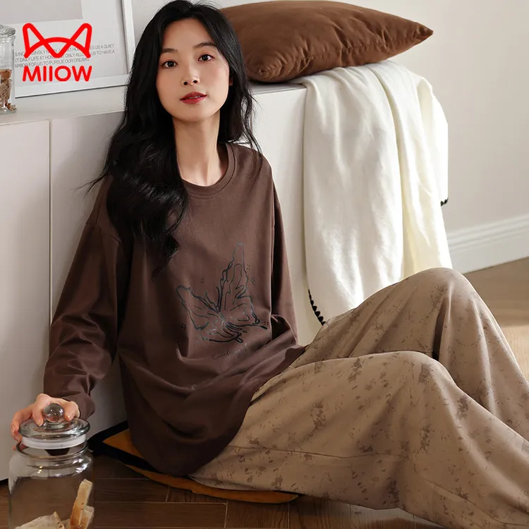 猫人雅丹风睡衣女2025年春秋季新款纯棉长袖薄款带胸垫家居服套装