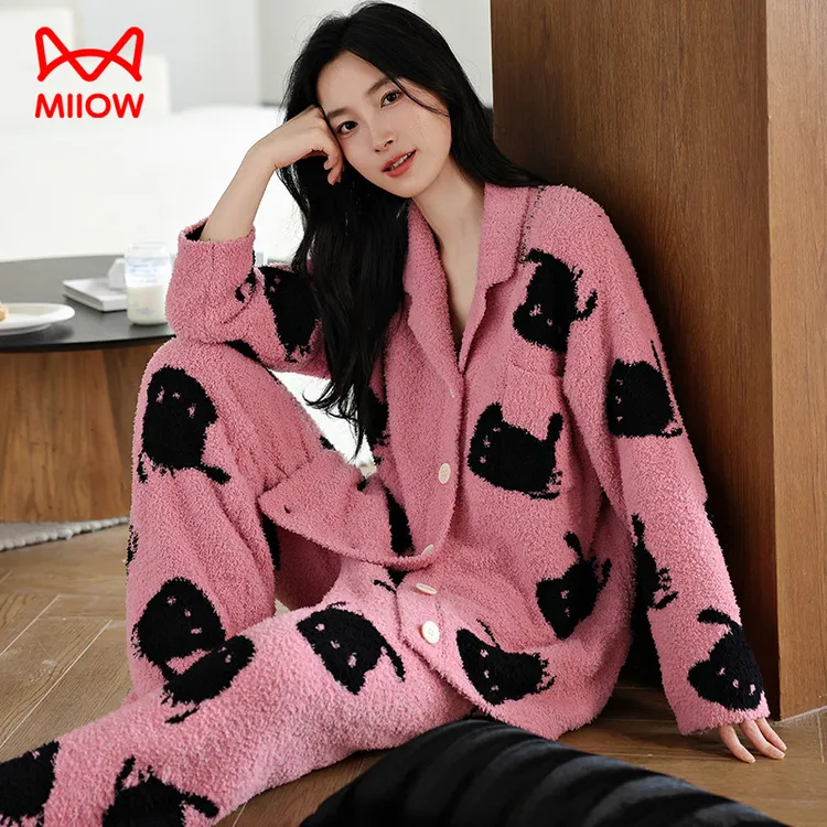 猫人女士睡衣2025新款秋冬季加绒加厚半边绒套装冬天可外穿家居服