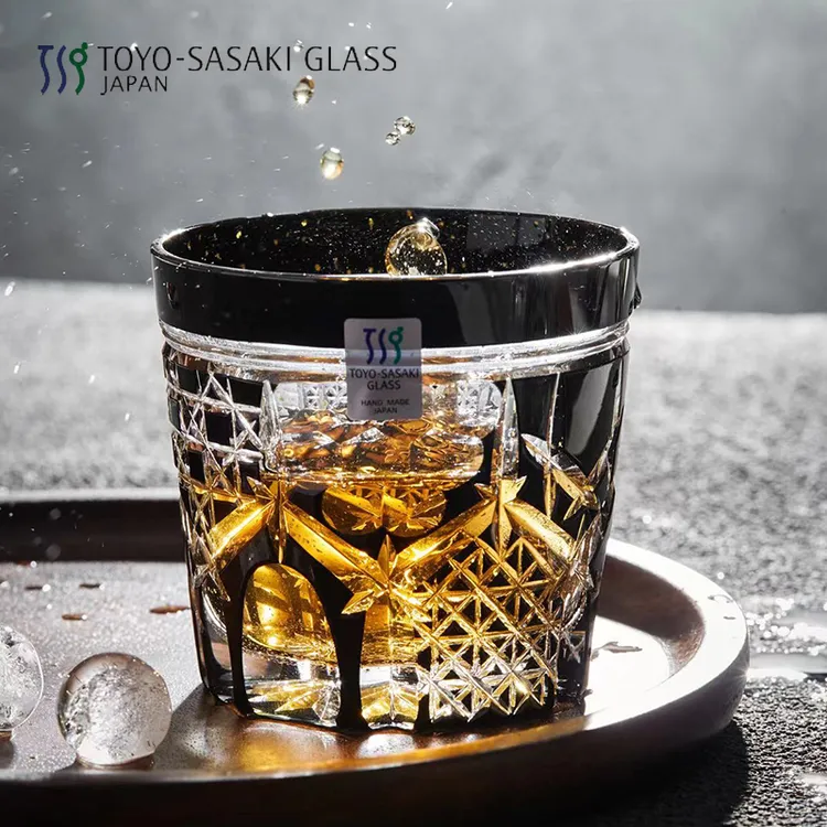 日本进口佐佐木江户切子八千代水晶金箔威士忌杯日式黑琉璃酒杯子