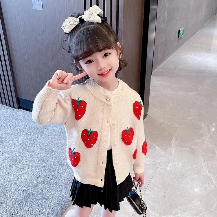 女童毛衣2024新款秋装儿童春秋洋气草莓针织衫女宝宝秋季开衫外套