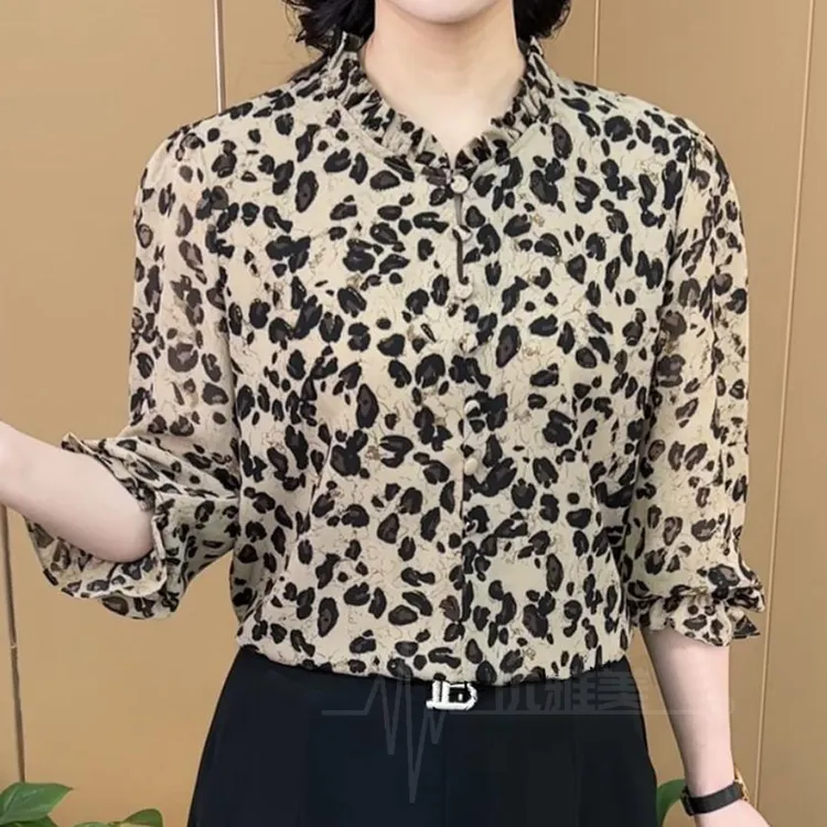 夏季新款时尚高级感豹纹印花衬衣气质显瘦洋气中袖减龄衬衫上衣