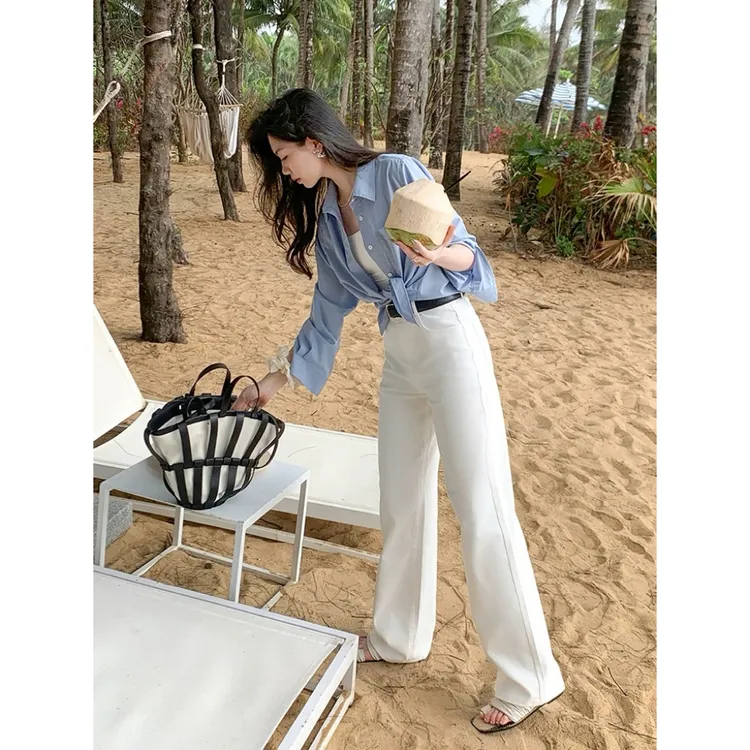 JLIA天丝四面弹-非网销版 缎面（珍珠白）显瘦不贴腿微喇裤-简约系 