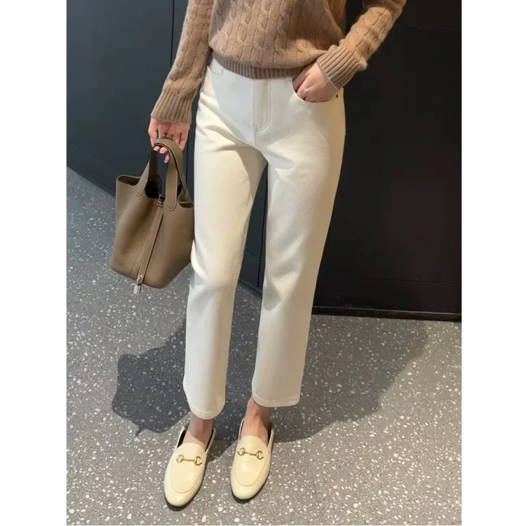 四面弹-法兰绒 米白色-九分烟管裤 高端材质 高规版