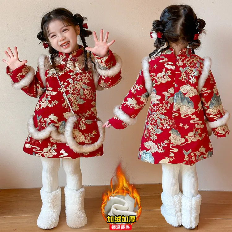 拜年服女童汉服冬款加绒加厚旗袍裙国风棉服小女孩新中式过年衣服